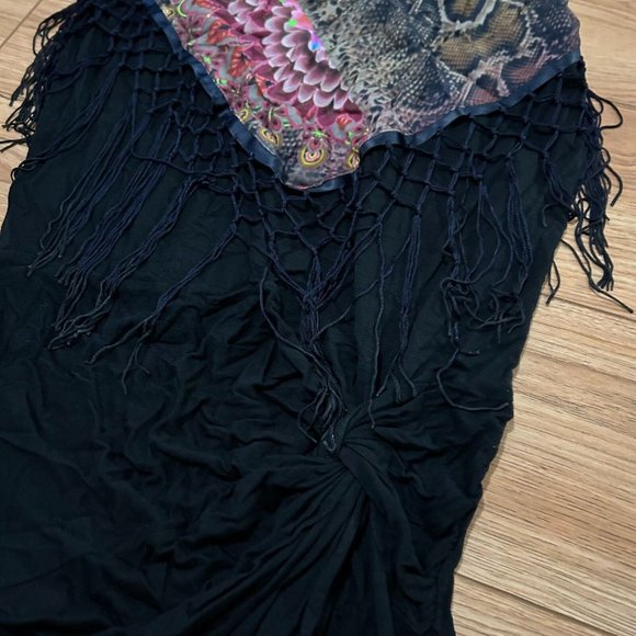 Desigual Scarf Tassel Tunic Tank Top Women's SMALL Black Floral Snakeskin EUC - Picture 3 of 5